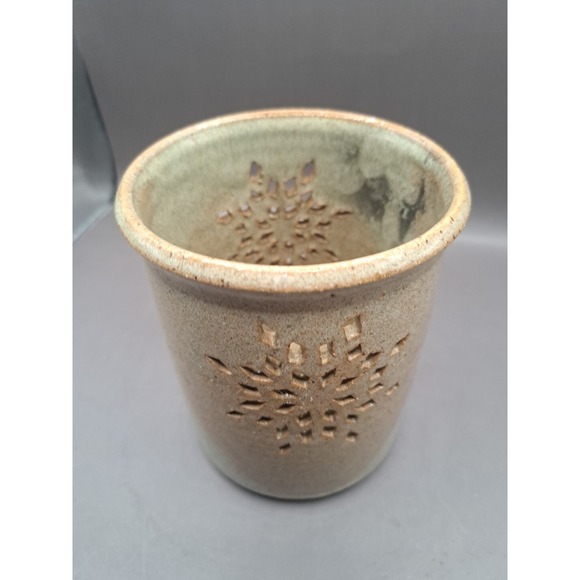 Art Pottery Brown Glazed Snowflake Candle Holder Artist Signed - Picture 4 of 16